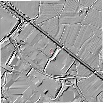 Shaded relief map of the ground around BS110RS, computed from Environment Agency LiDAR. The ground here sits at about 7 m above sea level and falls 7 m across the surrounding 800 m. Surface water reaching this point runs off ground lying to the south-west, 0.6 m higher.