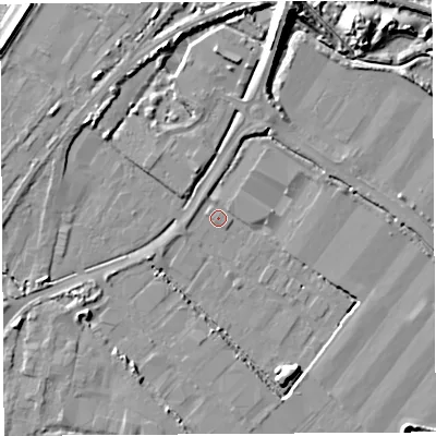 Shaded relief map of the ground around BS110YA, computed from Environment Agency LiDAR. The ground here sits at about 7 m above sea level and falls 12 m across the surrounding 800 m. Surface water reaching this point runs off ground lying to the south-south-west, 4.1 m higher.