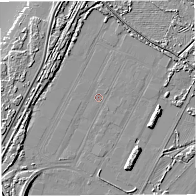 Shaded relief map of the ground around BS110YB, computed from Environment Agency LiDAR. The ground here sits at about 7 m above sea level and falls 11 m across the surrounding 800 m. Surface water reaching this point runs off ground lying to the west-north-west, 5.3 m higher.