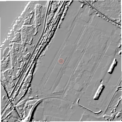 Shaded relief map of the ground around BS110YD, computed from Environment Agency LiDAR. The ground here sits at about 7 m above sea level and falls 15 m across the surrounding 800 m. The ground contributing surface water to this point lies to the north.