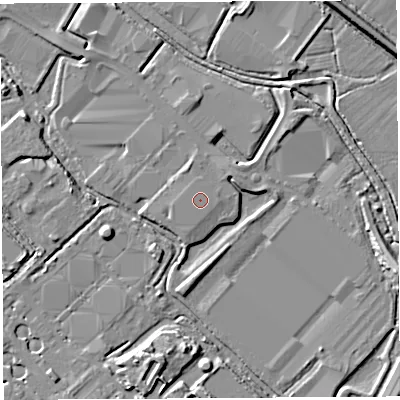 Shaded relief map of the ground around BS110YH, computed from Environment Agency LiDAR. The ground here sits at about 8 m above sea level and falls 9 m across the surrounding 800 m. The ground contributing surface water to this point lies to the west-north-west.