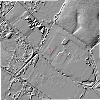 Shaded relief map of the ground around BS110YL, computed from Environment Agency LiDAR. The ground here sits at about 7 m above sea level and falls 12 m across the surrounding 800 m. The ground contributing surface water to this point lies to the south-south-east.