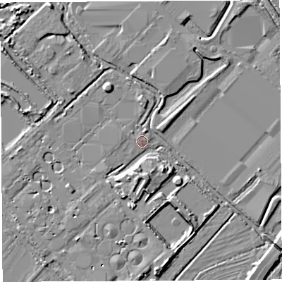Shaded relief map of the ground around BS110YP, computed from Environment Agency LiDAR. The ground here sits at about 7 m above sea level and falls 7 m across the surrounding 800 m. Surface water reaching this point runs off ground lying to the north-north-west, 0.8 m higher.