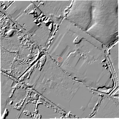 Shaded relief map of the ground around BS110YQ, computed from Environment Agency LiDAR. The ground here sits at about 7 m above sea level and falls 12 m across the surrounding 800 m. Surface water reaching this point runs off ground lying to the north-east, 3.1 m higher.