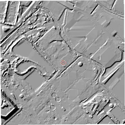 Shaded relief map of the ground around BS110YS, computed from Environment Agency LiDAR. The ground here sits at about 7 m above sea level and falls 17 m across the surrounding 800 m. Surface water reaching this point runs off ground lying to the north-north-east, 1.9 m higher.