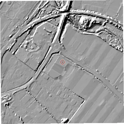 Shaded relief map of the ground around BS110YW, computed from Environment Agency LiDAR. The ground here sits at about 7 m above sea level and falls 10 m across the surrounding 800 m. Surface water reaching this point runs off ground lying to the east-south-east, 0.8 m higher.