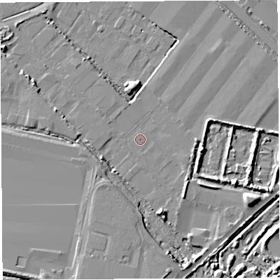 Shaded relief map of the ground around BS118AB, computed from Environment Agency LiDAR. The ground here sits at about 8 m above sea level and falls 7 m across the surrounding 800 m. Surface water reaching this point runs off ground lying to the south-south-east, 6.3 m higher.