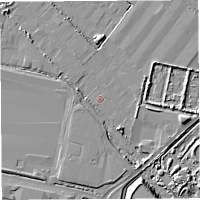 Shaded relief map of the ground around BS118AD, computed from Environment Agency LiDAR. The ground here sits at about 8 m above sea level and falls 14 m across the surrounding 800 m. Surface water reaching this point runs off ground lying to the south-east, 6.2 m higher.