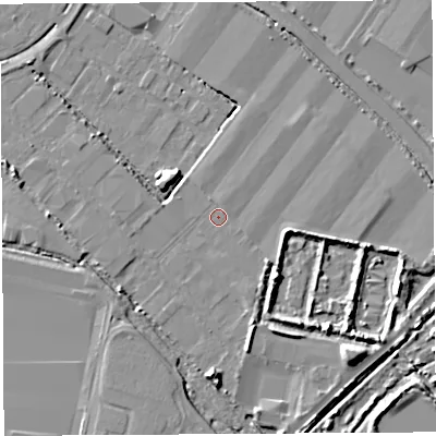 Shaded relief map of the ground around BS118AE, computed from Environment Agency LiDAR. The ground here sits at about 7 m above sea level and falls 7 m across the surrounding 800 m. Surface water reaching this point runs off ground lying to the south, 5.9 m higher.