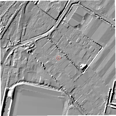 Shaded relief map of the ground around BS118AF, computed from Environment Agency LiDAR. The ground here sits at about 8 m above sea level and falls 6 m across the surrounding 800 m. The ground contributing surface water to this point lies to the south.