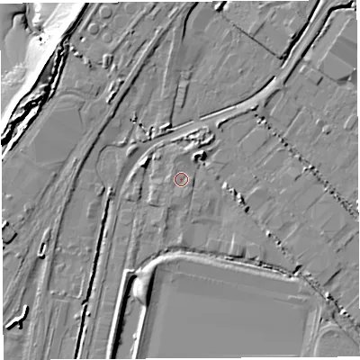 Shaded relief map of the ground around BS118AG, computed from Environment Agency LiDAR. The ground here sits at about 8 m above sea level and falls 18 m across the surrounding 800 m. Surface water reaching this point runs off ground lying to the east, 0.7 m higher.