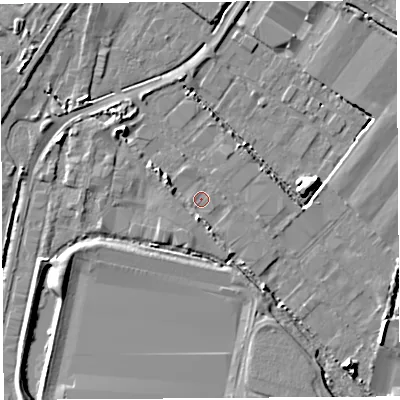 Shaded relief map of the ground around BS118AP, computed from Environment Agency LiDAR. The ground here sits at about 8 m above sea level and falls 7 m across the surrounding 800 m. Surface water reaching this point runs off ground lying to the south, 1.2 m higher.