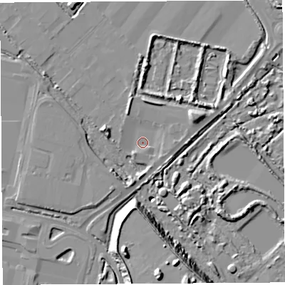 Shaded relief map of the ground around BS118AQ, computed from Environment Agency LiDAR. The ground here sits at about 7 m above sea level and falls 18 m across the surrounding 800 m. Surface water reaching this point runs off ground lying to the east-north-east, 5.8 m higher.