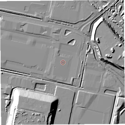 Shaded relief map of the ground around BS118AS, computed from Environment Agency LiDAR. The ground here sits at about 8 m above sea level and falls 25 m across the surrounding 800 m. Surface water reaching this point runs off ground lying to the west, 0.6 m higher.