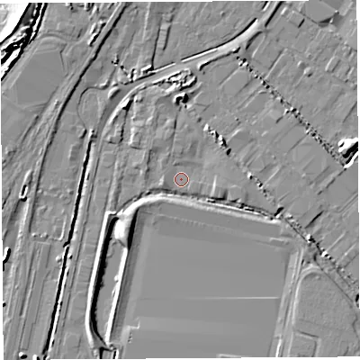 Shaded relief map of the ground around BS118AT, computed from Environment Agency LiDAR. The ground here sits at about 7 m above sea level and falls 11 m across the surrounding 800 m. Surface water reaching this point runs off ground lying to the north-east, 3.3 m higher.