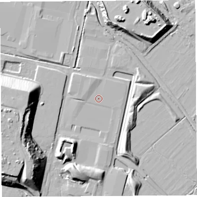 Shaded relief map of the ground around BS118AZ, computed from Environment Agency LiDAR. The ground here sits at about 7 m above sea level and falls 22 m across the surrounding 800 m. The ground contributing surface water to this point lies to the south-south-west.