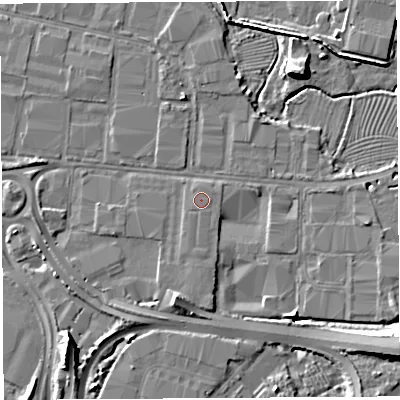 Shaded relief map of the ground around BS118DB, computed from Environment Agency LiDAR. The ground here sits at about 8 m above sea level and falls 11 m across the surrounding 800 m. The ground contributing surface water to this point lies to the south.
