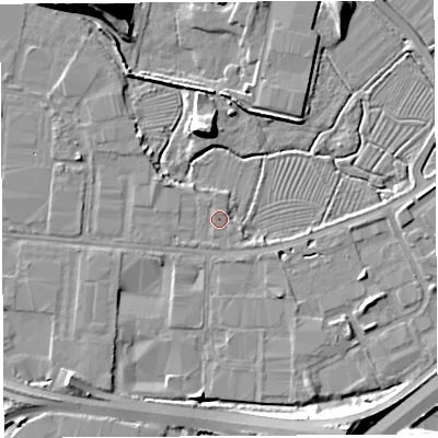 Shaded relief map of the ground around BS118DJ, computed from Environment Agency LiDAR. The ground here sits at about 7 m above sea level and falls 16 m across the surrounding 800 m. Surface water reaching this point runs off ground lying to the north-north-west, 1.4 m higher.