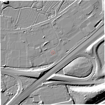 Shaded relief map of the ground around BS118DL, computed from Environment Agency LiDAR. The ground here sits at about 8 m above sea level and falls 20 m across the surrounding 800 m. The ground contributing surface water to this point lies to the east-south-east.