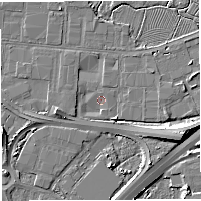 Shaded relief map of the ground around BS118DQ, computed from Environment Agency LiDAR. The ground here sits at about 7 m above sea level and falls 11 m across the surrounding 800 m. Surface water reaching this point runs off ground lying to the west-south-west, 4.8 m higher.
