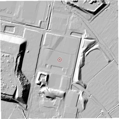 Shaded relief map of the ground around BS118HT, computed from Environment Agency LiDAR. The ground here sits at about 7 m above sea level and falls 22 m across the surrounding 800 m. Surface water reaching this point runs off ground lying to the west-north-west, 0.7 m higher.