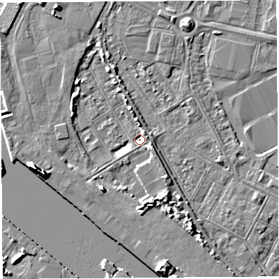 Shaded relief map of the ground around BS119AA, computed from Environment Agency LiDAR. The ground here sits at about 7 m above sea level and falls 11 m across the surrounding 800 m. Surface water reaching this point runs off ground lying to the south-west, 5.6 m higher.