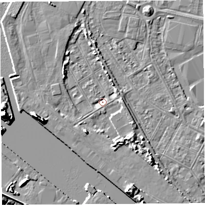 Shaded relief map of the ground around BS119AD, computed from Environment Agency LiDAR. The ground here sits at about 7 m above sea level and falls 16 m across the surrounding 800 m. Surface water reaching this point runs off ground lying to the south-south-west, 5.6 m higher.