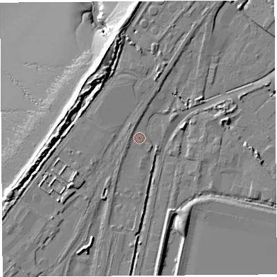 Shaded relief map of the ground around BS119AF, computed from Environment Agency LiDAR. The ground here sits at about 8 m above sea level and falls 18 m across the surrounding 800 m. Surface water reaching this point runs off ground lying to the south-west, 1.1 m higher.