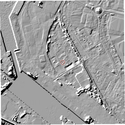 Shaded relief map of the ground around BS119AH, computed from Environment Agency LiDAR. The ground here sits at about 7 m above sea level and falls 16 m across the surrounding 800 m. Surface water reaching this point runs off ground lying to the south, 5.6 m higher.