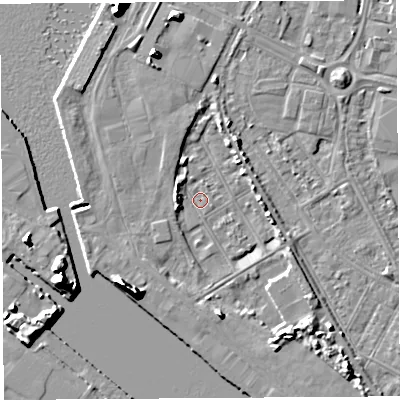 Shaded relief map of the ground around BS119AJ, computed from Environment Agency LiDAR. The ground here sits at about 7 m above sea level and falls 12 m across the surrounding 800 m. Surface water reaching this point runs off ground lying to the north-north-west, 12.0 m higher.