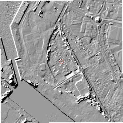 Shaded relief map of the ground around BS119AL, computed from Environment Agency LiDAR. The ground here sits at about 7 m above sea level and falls 11 m across the surrounding 800 m. Surface water reaching this point runs off ground lying to the south-west, 10.8 m higher.