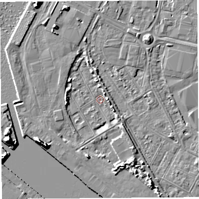 Shaded relief map of the ground around BS119AN, computed from Environment Agency LiDAR. The ground here sits at about 7 m above sea level and falls 12 m across the surrounding 800 m. Surface water reaching this point runs off ground lying to the north-north-west, 12.0 m higher.