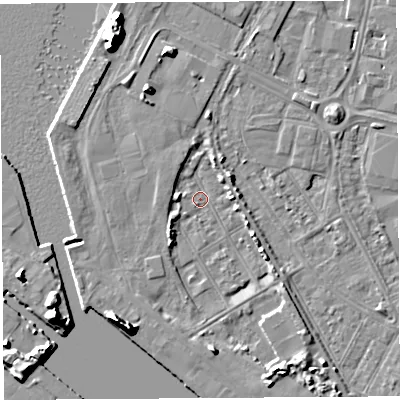 Shaded relief map of the ground around BS119AP, computed from Environment Agency LiDAR. The ground here sits at about 8 m above sea level and falls 12 m across the surrounding 800 m. Surface water reaching this point runs off ground lying to the north-north-west, 12.2 m higher.