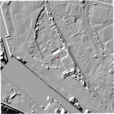 Shaded relief map of the ground around BS119AQ, computed from Environment Agency LiDAR. The ground here sits at about 8 m above sea level and falls 22 m across the surrounding 800 m. Surface water reaching this point runs off ground lying to the south-west, 5.0 m higher.