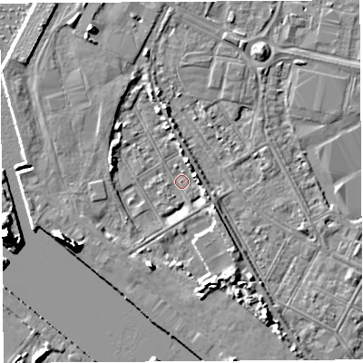 Shaded relief map of the ground around BS119AR, computed from Environment Agency LiDAR. The ground here sits at about 7 m above sea level and falls 11 m across the surrounding 800 m. Surface water reaching this point runs off ground lying to the south-south-west, 5.6 m higher.
