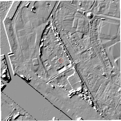 Shaded relief map of the ground around BS119AS, computed from Environment Agency LiDAR. The ground here sits at about 7 m above sea level and falls 11 m across the surrounding 800 m. Surface water reaching this point runs off ground lying to the south-south-west, 5.6 m higher.