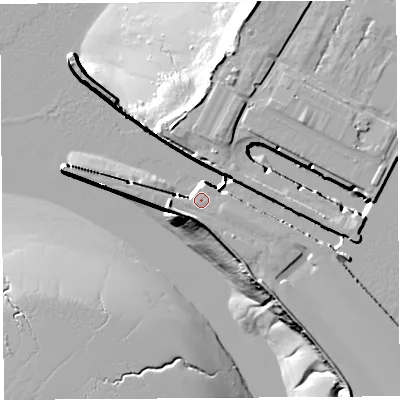 Shaded relief map of the ground around BS119AT, computed from Environment Agency LiDAR. The ground here sits at about 9 m above sea level and falls 19 m across the surrounding 800 m. Surface water reaching this point runs off ground lying to the south-west, 1.8 m higher.