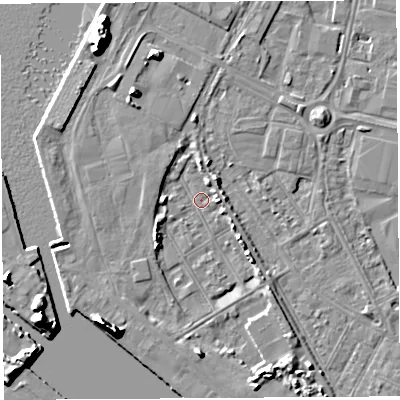 Shaded relief map of the ground around BS119AW, computed from Environment Agency LiDAR. The ground here sits at about 7 m above sea level and falls 12 m across the surrounding 800 m. Surface water reaching this point runs off ground lying to the north-north-west, 12.2 m higher.