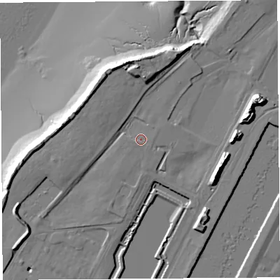 Shaded relief map of the ground around BS119BB, computed from Environment Agency LiDAR. The ground here sits at about 9 m above sea level and falls 21 m across the surrounding 800 m. Surface water reaching this point runs off ground lying to the south-south-west, 1.4 m higher.