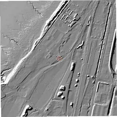 Shaded relief map of the ground around BS119BE, computed from Environment Agency LiDAR. The ground here sits at about 9 m above sea level and falls 19 m across the surrounding 800 m. Surface water reaching this point runs off ground lying to the north-north-east, 1.3 m higher.