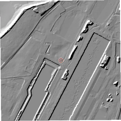 Shaded relief map of the ground around BS119BJ, computed from Environment Agency LiDAR. The ground here sits at about 9 m above sea level and falls 19 m across the surrounding 800 m. Surface water reaching this point runs off ground lying to the east-north-east, 7.4 m higher.