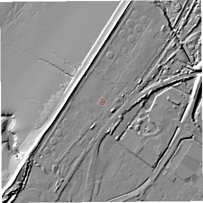 Shaded relief map of the ground around BS119BN, computed from Environment Agency LiDAR. The ground here sits at about 9 m above sea level and falls 19 m across the surrounding 800 m. Surface water reaching this point runs off ground lying to the south-south-west, 2.1 m higher.