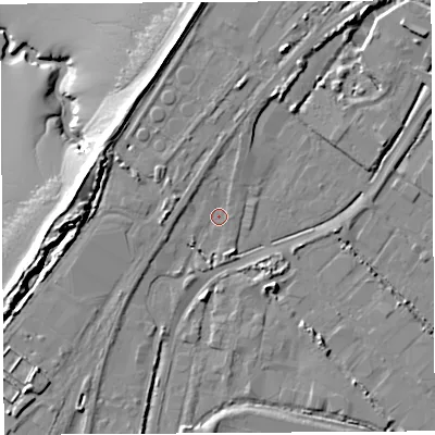 Shaded relief map of the ground around BS119BP, computed from Environment Agency LiDAR. The ground here sits at about 8 m above sea level and falls 19 m across the surrounding 800 m. Surface water reaching this point runs off ground lying to the west-south-west, 2.9 m higher.