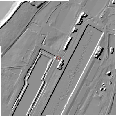 Shaded relief map of the ground around BS119BT, computed from Environment Agency LiDAR. The ground here sits at about 9 m above sea level and falls 18 m across the surrounding 800 m. Surface water reaching this point runs off ground lying to the north-north-east, 8.6 m higher.