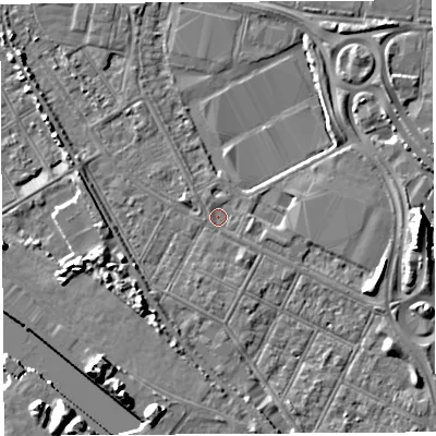 Shaded relief map of the ground around BS119BX, computed from Environment Agency LiDAR. The ground here sits at about 7 m above sea level and falls 9 m across the surrounding 800 m. Surface water reaching this point runs off ground lying to the east-south-east, 3.6 m higher.