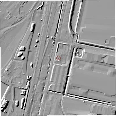 Shaded relief map of the ground around BS119BY, computed from Environment Agency LiDAR. The ground here sits at about 8 m above sea level and falls 10 m across the surrounding 800 m. Surface water reaching this point runs off ground lying to the south-east, 1.7 m higher.