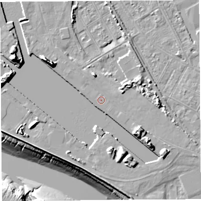Shaded relief map of the ground around BS119DA, computed from Environment Agency LiDAR. The ground here sits at about 9 m above sea level and falls 22 m across the surrounding 800 m. Surface water reaching this point runs off ground lying to the south-east, 4.4 m higher.
