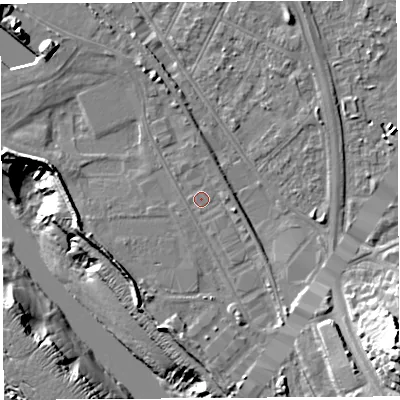 Shaded relief map of the ground around BS119DB, computed from Environment Agency LiDAR. The ground here sits at about 9 m above sea level and falls 30 m across the surrounding 800 m. Surface water reaching this point runs off ground lying to the north-north-west, 2.2 m higher.