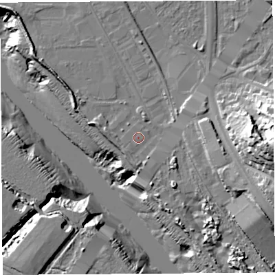 Shaded relief map of the ground around BS119DE, computed from Environment Agency LiDAR. The ground here sits at about 9 m above sea level and falls 33 m across the surrounding 800 m. Surface water reaching this point runs off ground lying to the south, 1.7 m higher.