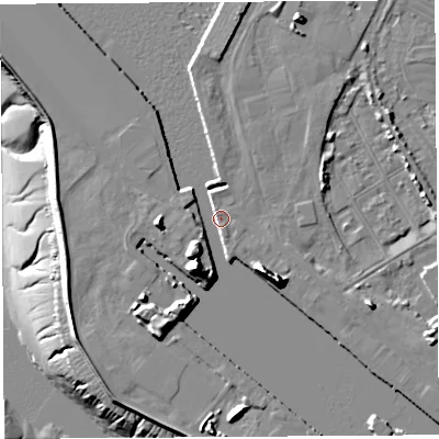 Shaded relief map of the ground around BS119DH, computed from Environment Agency LiDAR. The ground here sits at about 9 m above sea level and falls 23 m across the surrounding 800 m. Surface water reaching this point runs off ground lying to the south-west, 5.8 m higher.